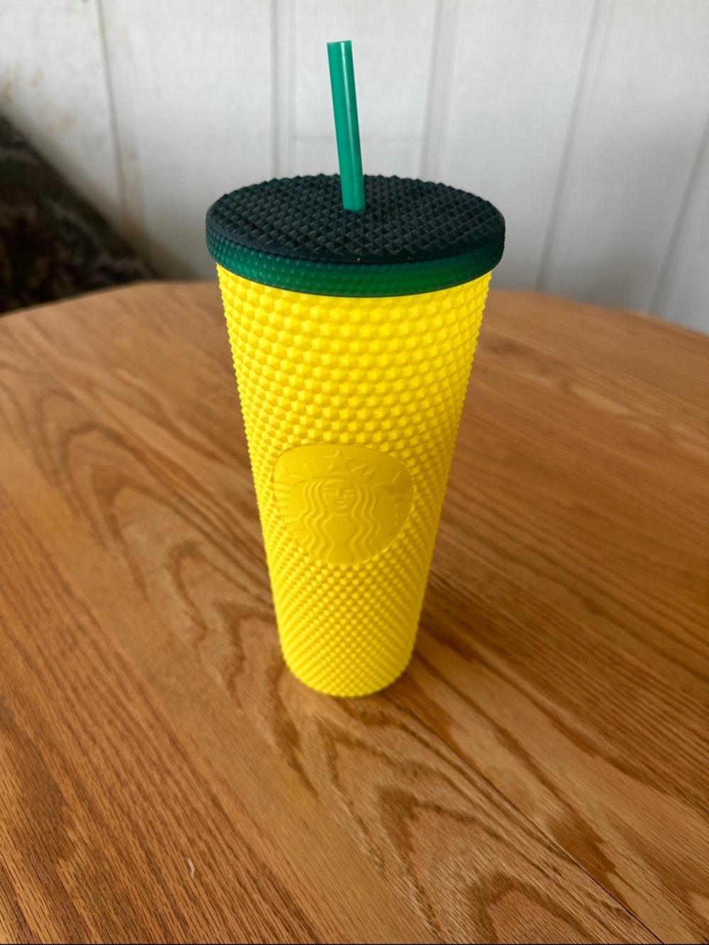 Starbucks Yellow Textured Cold Cup with Dark Green Lid and Green Straw